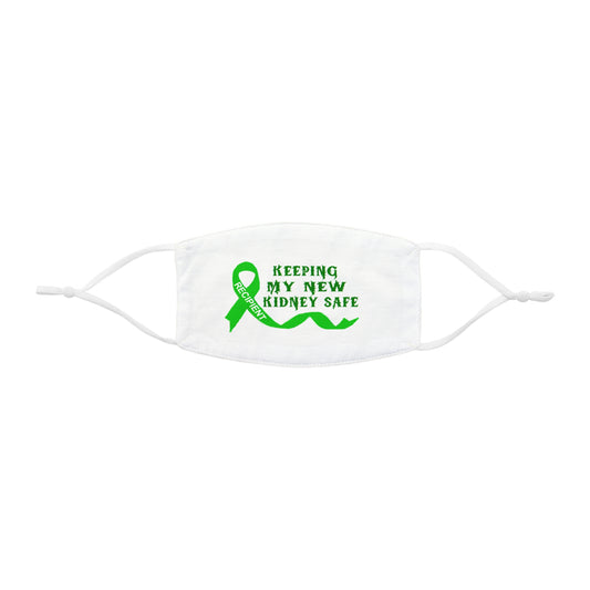 "keeping my new kidney safe" White face mask with green ribbon and text on a white background