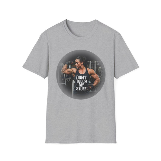 Gray t-shirt with a graphic of a muscular man and 'Don't Touch My Stuff' text on a white background