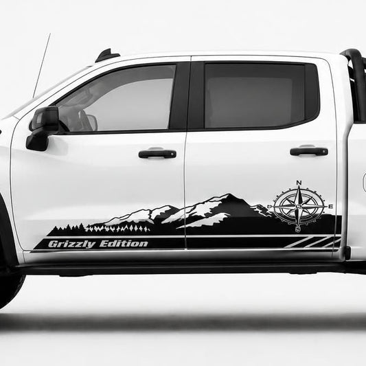 Black mountain compass rocker panel vinyl decal with Grizzly Edition text on white Chevy ZR2 truck