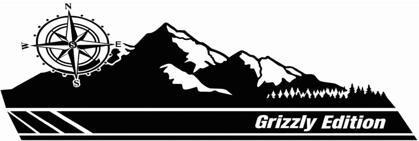 Black mountain compass rocker panel vinyl decal with Grizzly Edition text passenger side
