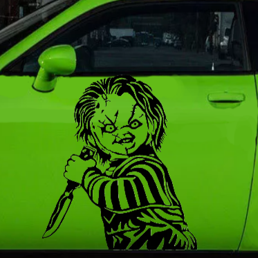 Black matte Chucky‑inspired decal, 29×34.5, die‑cut with no background