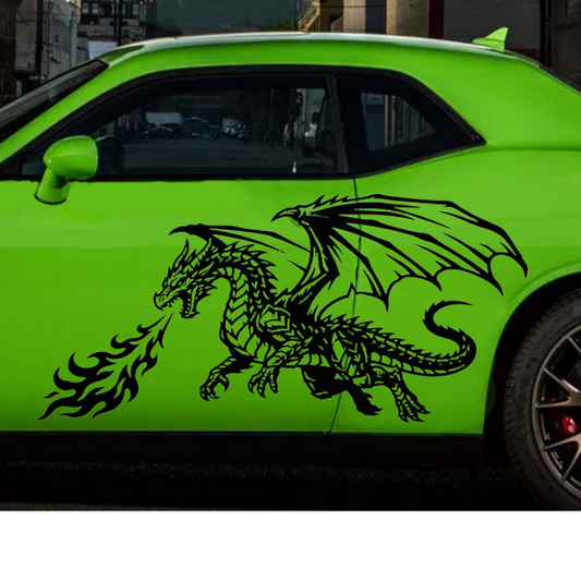 Green car with a dragon decal.