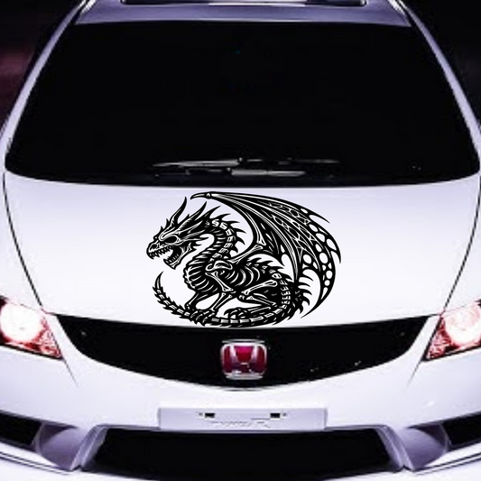 White car with a dragon decal on the hood