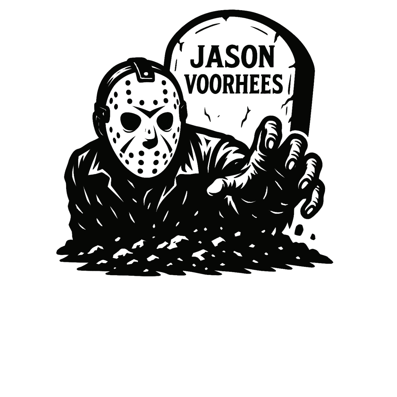 Illustration of a character in a mask with 'Jason Voorhees' text, lying on the ground with a tombstone.