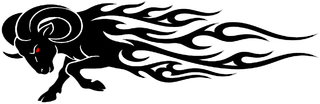 Flaming ram head vinyl decal applied to truck door in black with aggressive flame design
