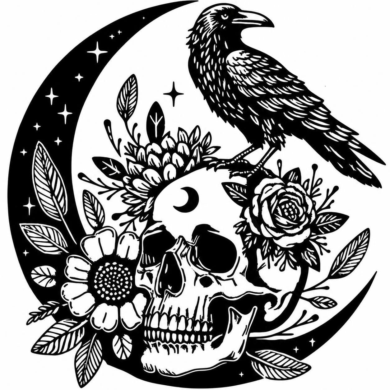 Black raven perched on crescent moon with floral skull vinyl decal