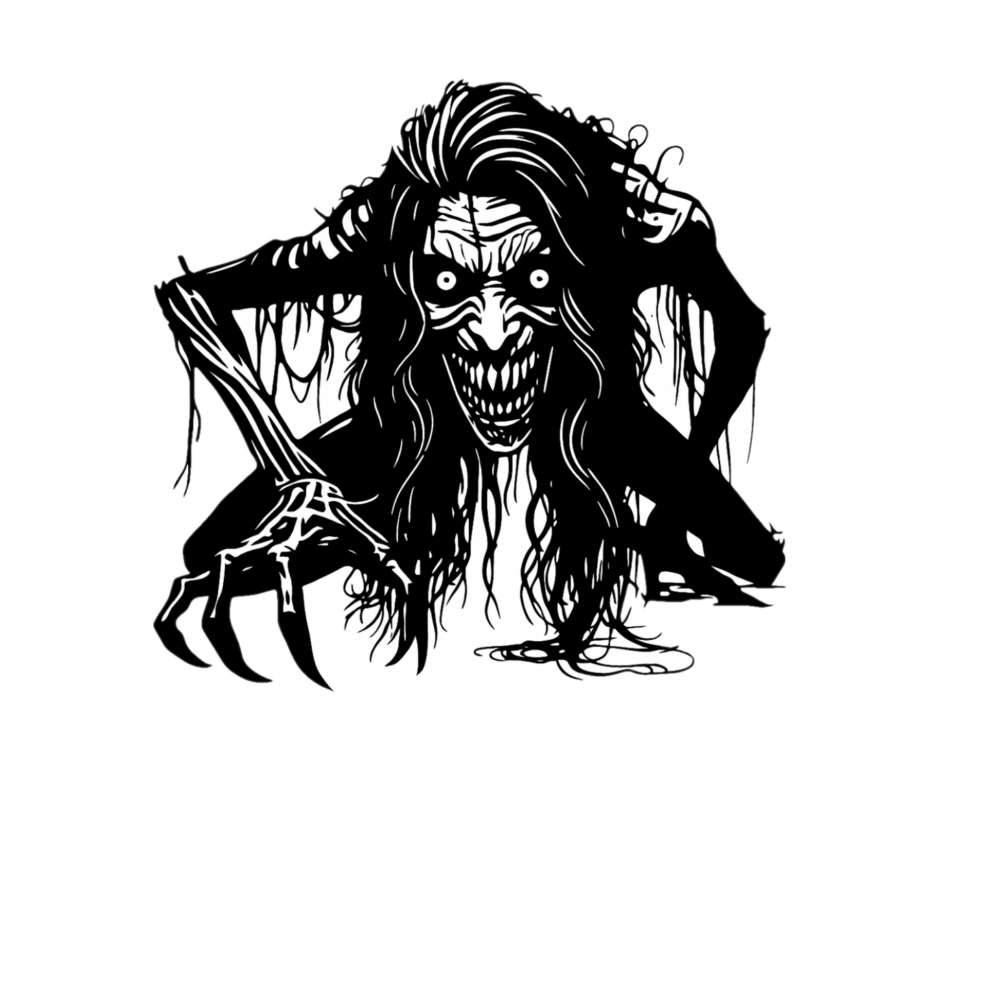 “Zombie/Banshee ‘Black Annis’ vinyl hood decal, white, die‑cut with no background on green car”
