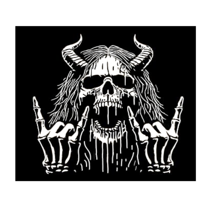 Black and white illustration of a skull with horns and a goatee, making a rock sign.