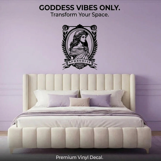 Bedroom with a wall decal featuring a goddess design and text 'Goddess Vibes Only. Transform Your Space.'