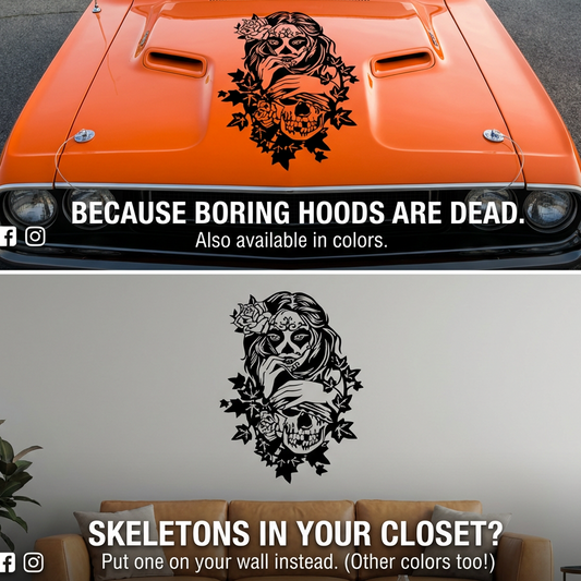 Sugar Skull with Flowers vinyl car/wall decal, black , die‑cut with no background on vehicle/wall