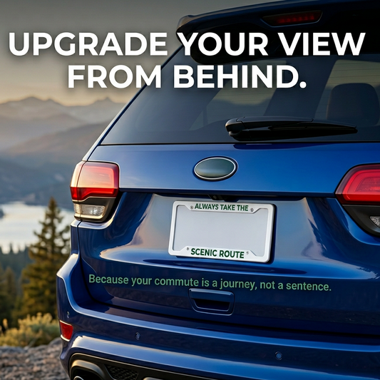 “Scenic Route matte aluminum license plate frame, 12.2×6.3, pre‑drilled holes, vibrant color print”