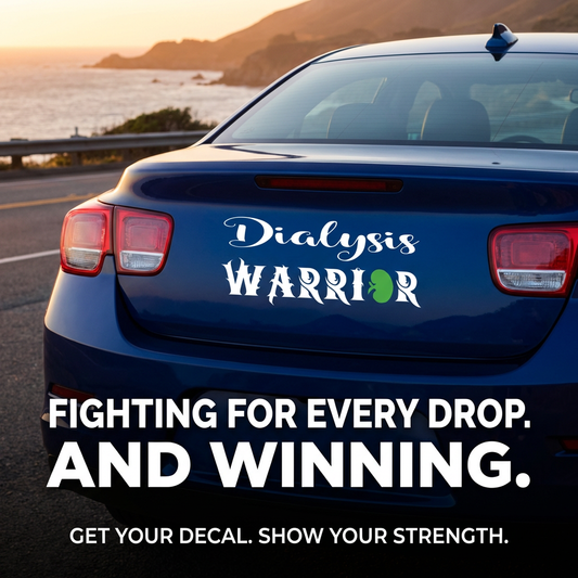 Dialysis Warrior car window decal with green kidney icon, white text, 10‑inch width”