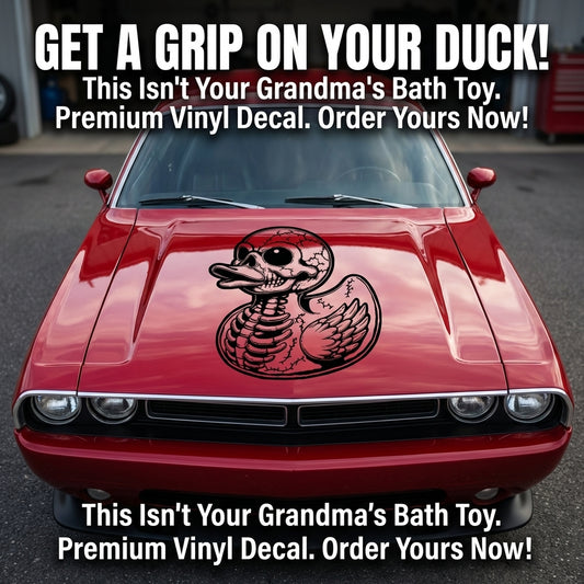 Black duck skull vinyl decal on red vehicle hood, single‑color design”