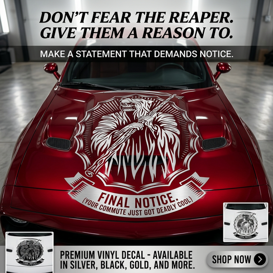 Grim Reaper vinyl car/wall decal, white, 22×31 on hood. die‑cut with no background”