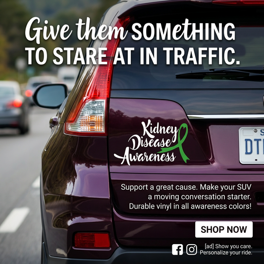 “Kidney Disease Awareness" vinyl car decal, black text with green ribbon, 9‑inch width, die‑cut with no background”
