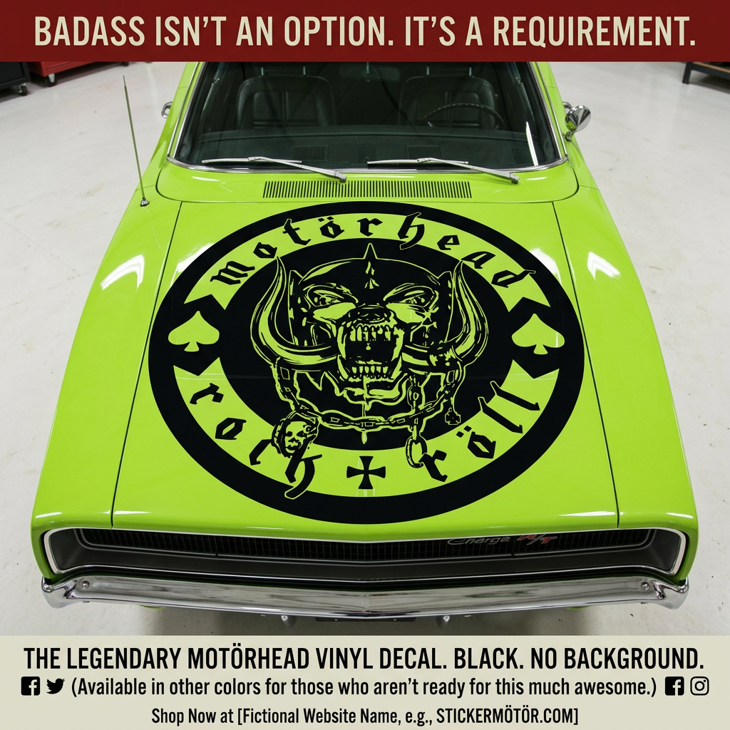 Motörhead Warpig (Snaggletooth) vinyl decal in black, featuring the iconic fanged skull with tusks, spikes, and chains, precision-cut with no background for application on vehicles, windows, or smooth surfaces.