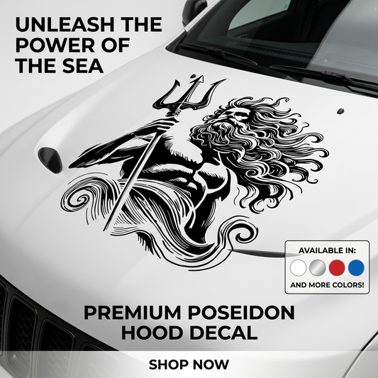 Black matte Poseidon/Neptune square wall decal, 29×29, high‑contrast silhouette on vehicle”