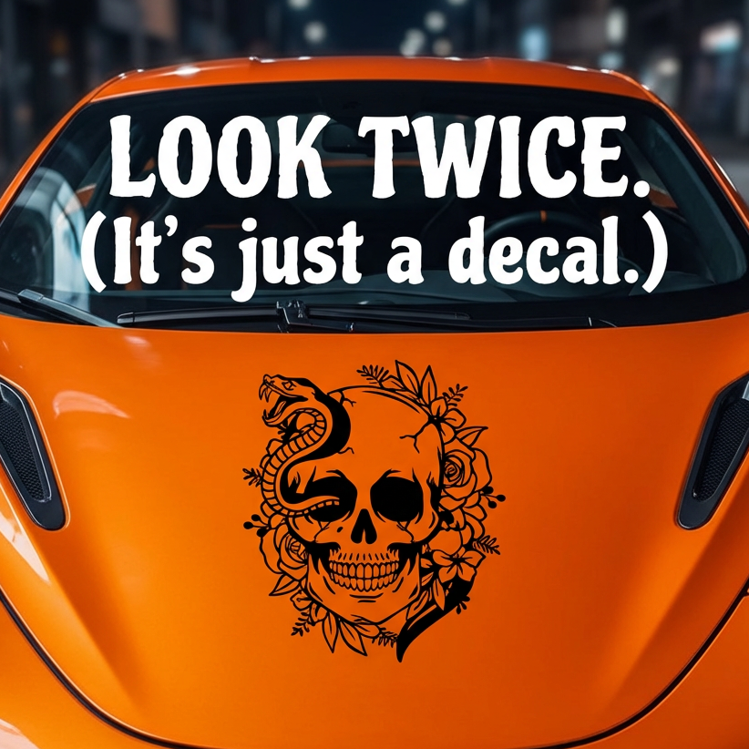 Black matte Skull + Snake + Flowers wall/hood decal, large size, high‑contrast silhouette on vehicle