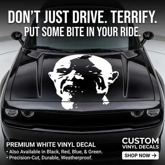 “Zombie vinyl hood/wall decal, white, die‑cut with no background on dark vehicle