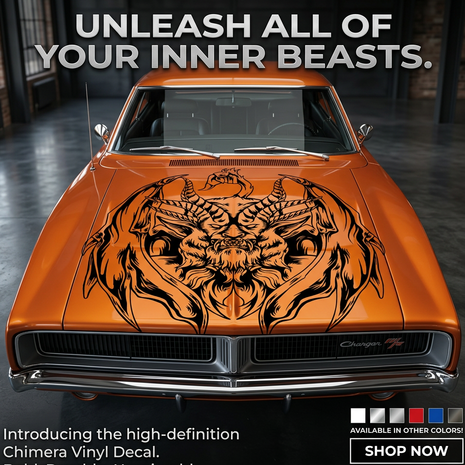 Muscle car with a large black chimera creature decal featuring lion, goat, and serpent elements displayed across the hood