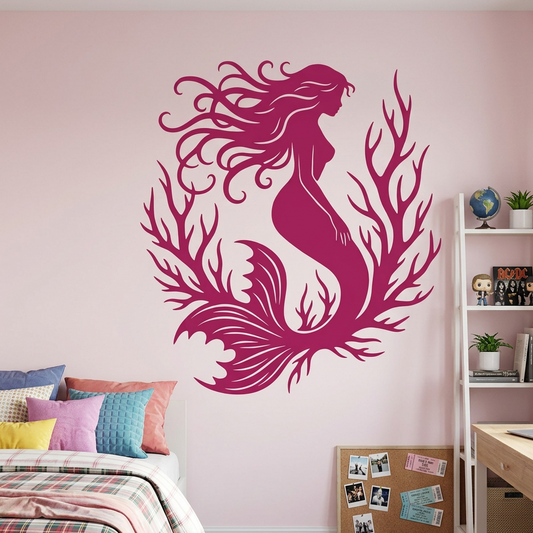 Pink mermaid wall decal on a pink wall with a bed and desk in the background.