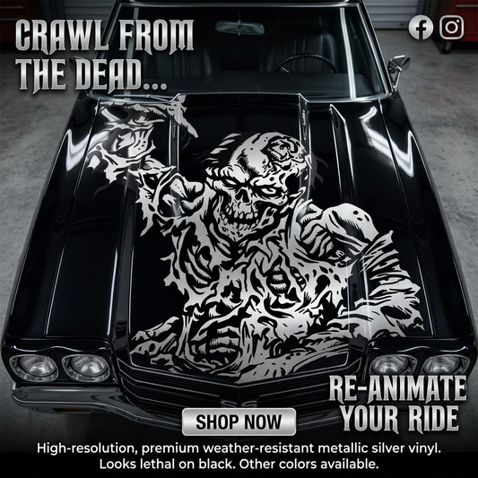 “Zombie graphic vinyl decal, white, applied on white car door; single‑color, high‑contrast design”