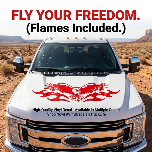 Large red eagle with tribal flames vinyl decal on truck door