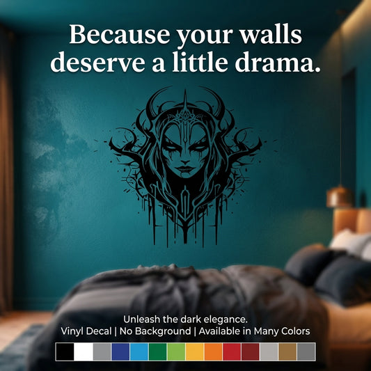 Wall decal of an evil witch on a teal wall, text 'Because your walls deserve a little drama'.