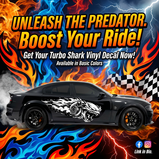Turbo Shark die-cut vinyl decal on side of vehicle, many sizes and colors