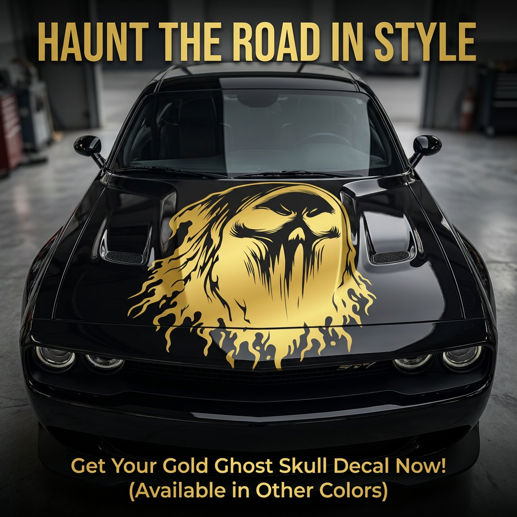 Gold ghost skull with flowing flame design vinyl decal displayed on an black car hood
