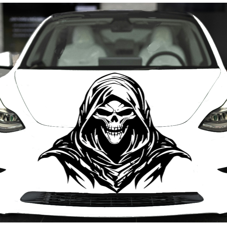 Car with a skull decal on the hood against a white background