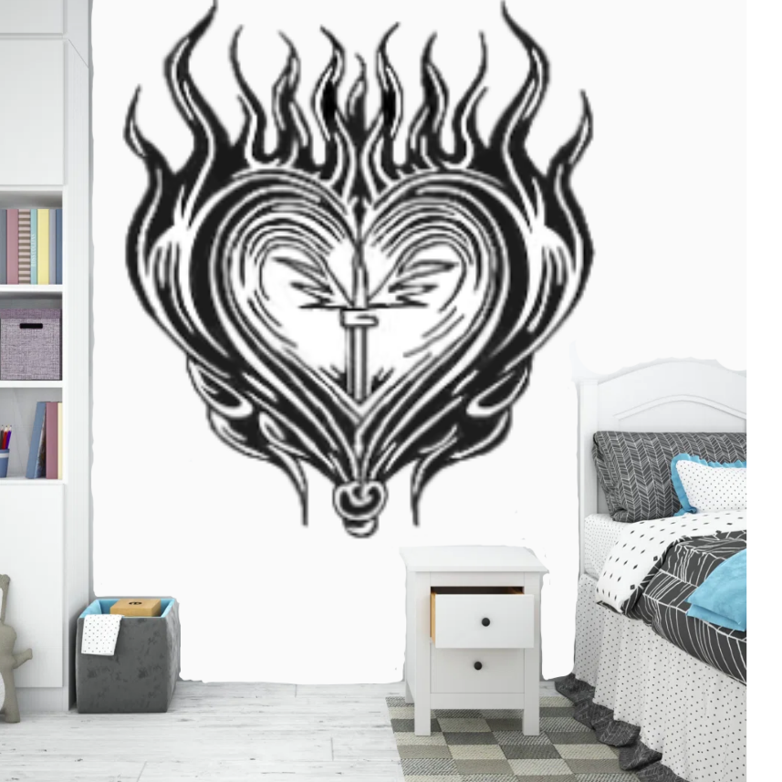 Wall decal of a heart design with flames in a room setting