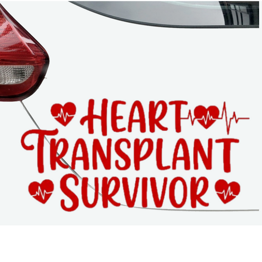 Car with 'Heart Transplant Survivor' decal on a white background