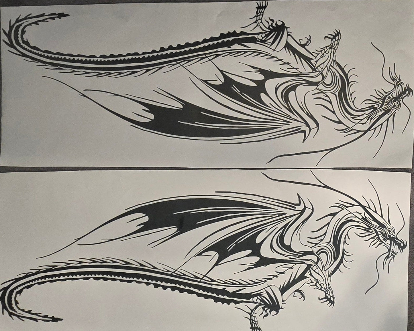 Dragon with wings vinyl car/wall decal, white, 60×24 on vehicle door, die‑cut no background. Mirrored set