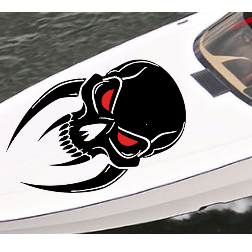 “Black matte skull with red‑eye inlay (optional) wall/hood decal, 37×29 in, high‑contrast silhouette”