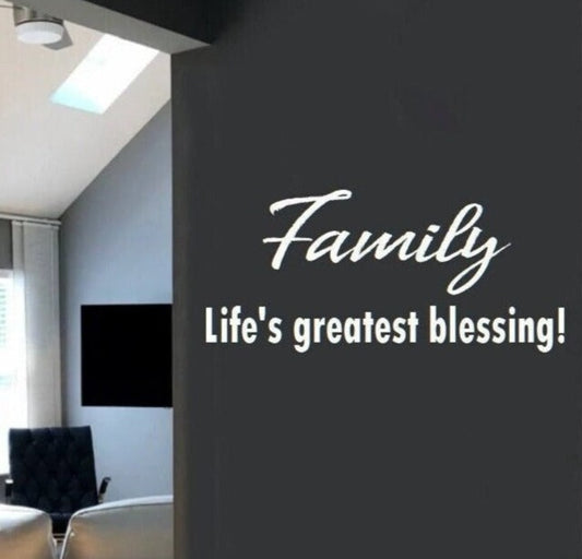Family life’s greatest blessing vinyl wall decal in white, 30×15, applied to smooth painted wall”