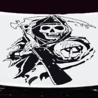 Black matte Grim Reaper decal, 32×25, applied to smooth car hood, high‑contrast