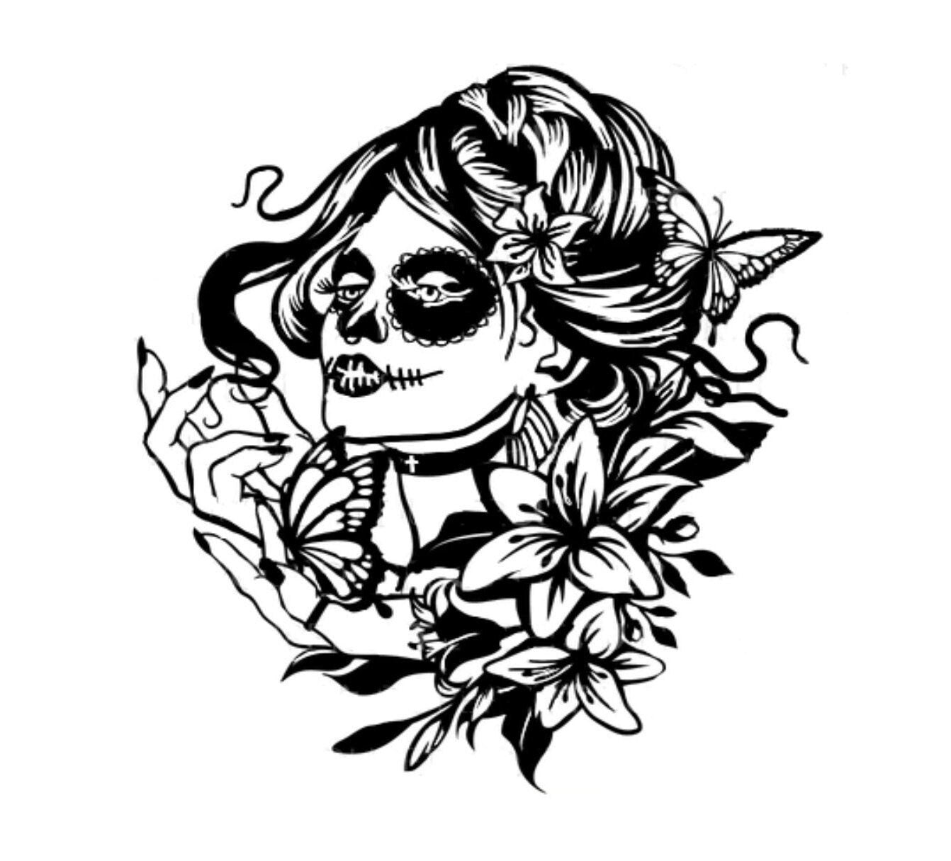 Black matte female sugar skull wall decal, 29×29, high‑contrast silhouette