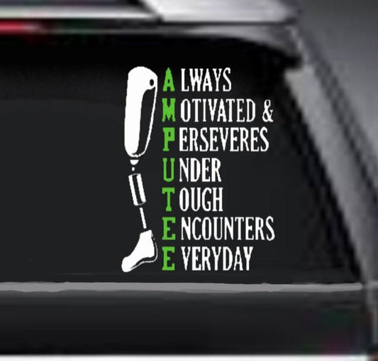 Amputation awareness vinyl decal, white and green two‑tone, on rear window”