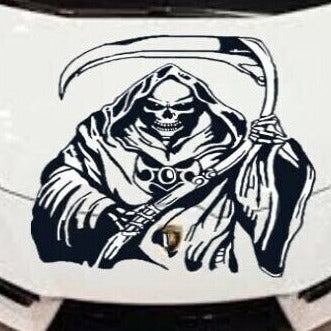 “Grim Reaper vinyl car/wall decal, black, 17×14, die‑cut with no background on car hood