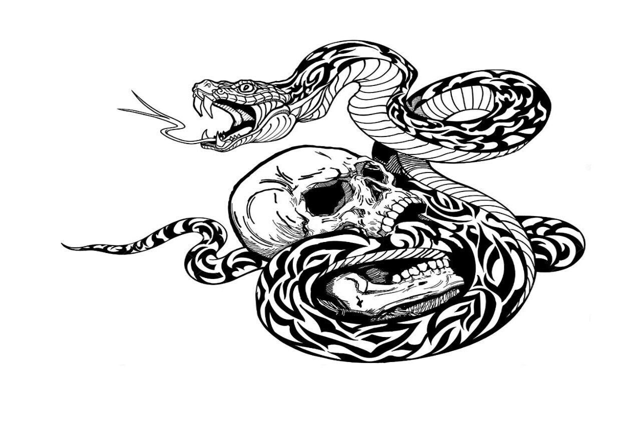 Black matte Skull with Tribal Snake hood/wall decal, 37×29 in, high‑contrast silhouette on vehicle