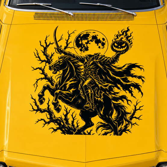 Headless Horseman vinyl decal on a yellow car hood