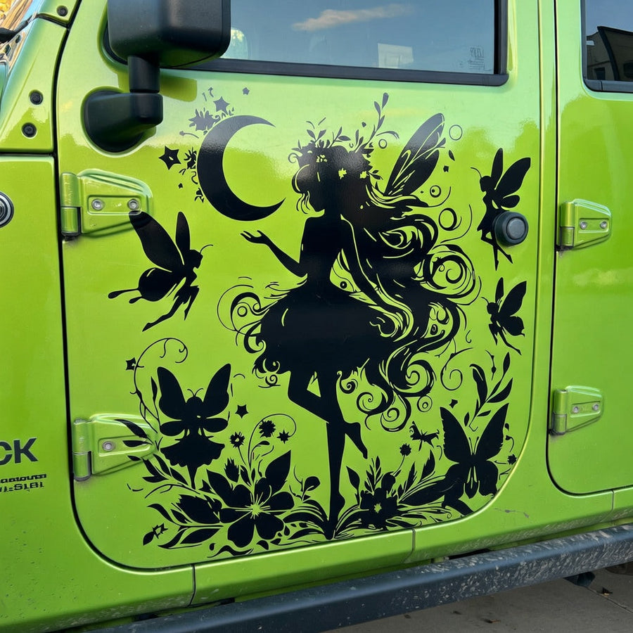 Fairy, flowers and moon vinyl decal on green jeep