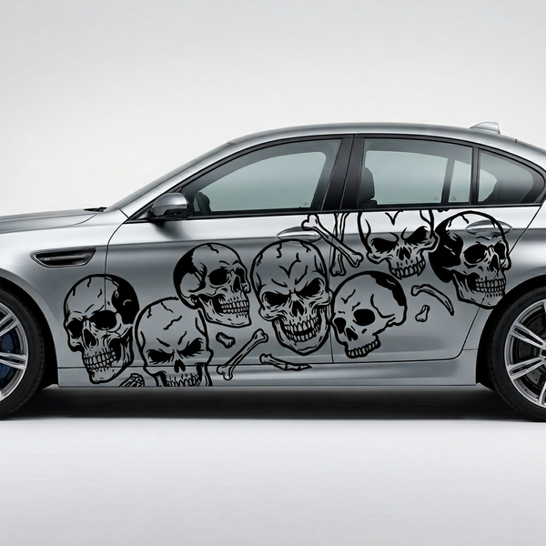 Skulls and bones vinyl decal in black on silver car, large size