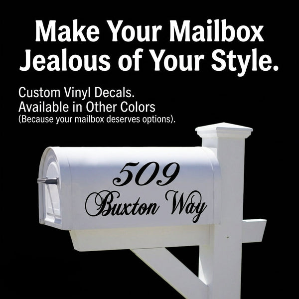 Mailbox address decals with optional flourish under street name, black vinyl on white mailbox