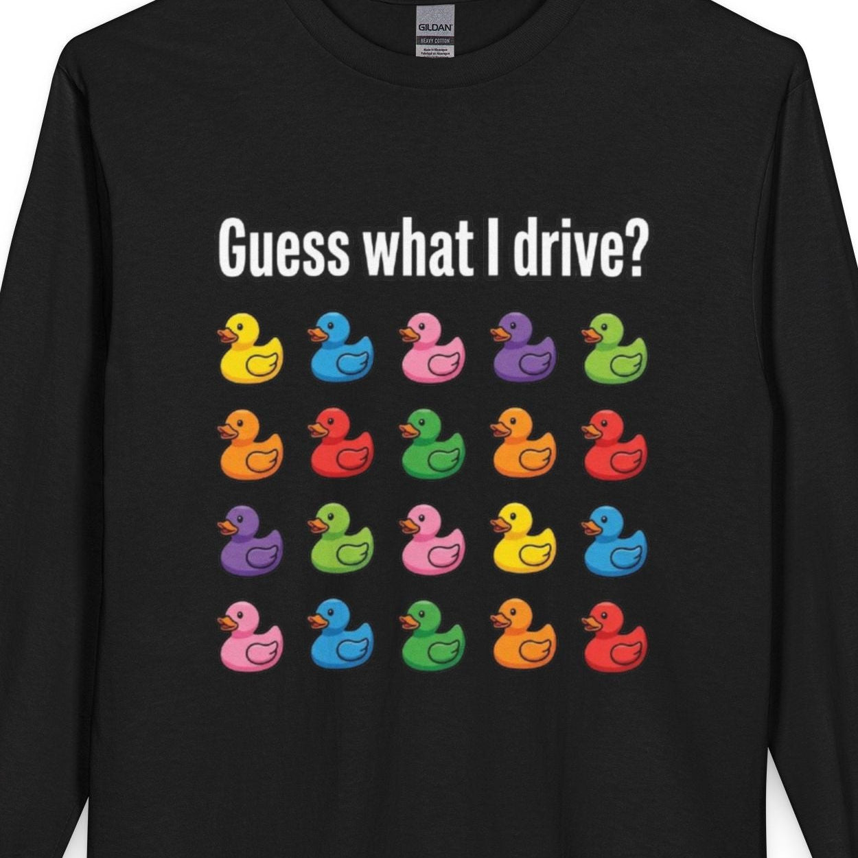 Black long-sleeve shirt with colorful duck graphics and text on a white background