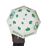 Foldable umbrella with ‘A kidney donor saved my life’ message, semi‑automatic, open canopy view