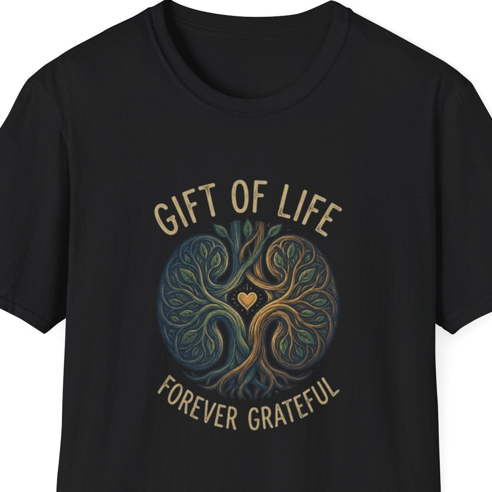 “Tree‑of‑life circle ‘Forever Grateful’ tee, Black color, soft cotton jersey, flat lay”