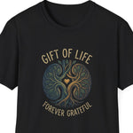 “Tree‑of‑life circle ‘Forever Grateful’ tee, Black color, soft cotton jersey, flat lay”