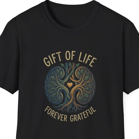 Black t-shirt with 'Gift of Life Forever Grateful' design on a white background